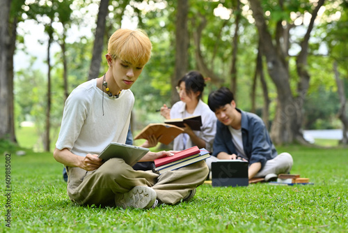 Teenage student man using digital tablet on green grass with friends sitting on background. Education, technology and lifestyle