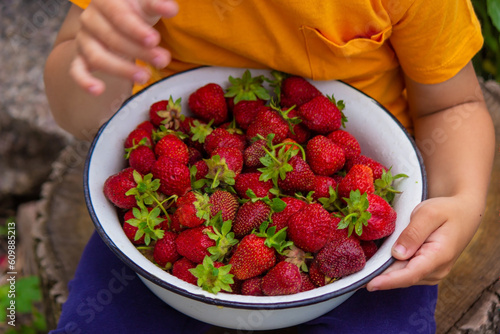 the boy is holding a bowl with freshly picked strawberries.