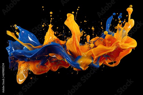 Mix orange blue liquid splashes. oil or ink splashing dynamic motion, design elements for advertising isolated on black background. oil paint. Generative ai.