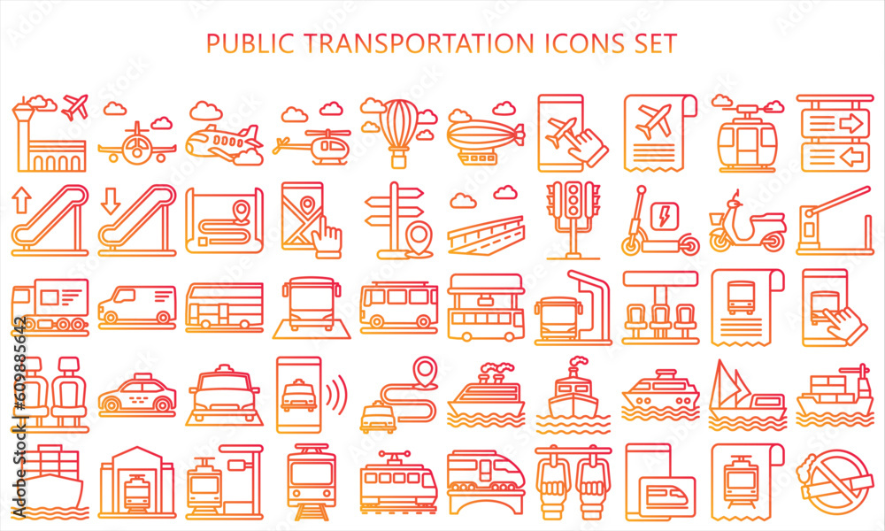 Public transportation gradient outline icons set. contain such as train, subway, bus, airplane and more. use for modern concept, UI or UX kit, web and app. vector EPS 10 ready convert to SVG.