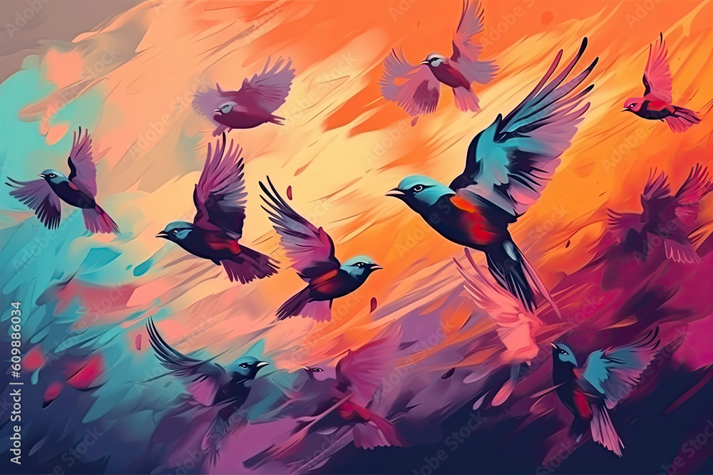 A Kaleidoscope of Colorful Birds: Vibrant Wings Soaring Through a Rainbow Sky. Generative Ai.