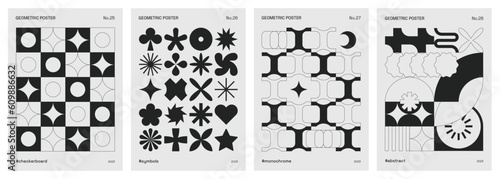 Modern, abstract and monochrome posters. Trendy compositions with geometric symbols and primitive shapes, in neo geo and minimalist styles. Black and white vector designs for covers, cards or prints.