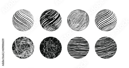 Grunge halftone handmade sketch drawing spherical textures set. Vector elements in the form of a circle