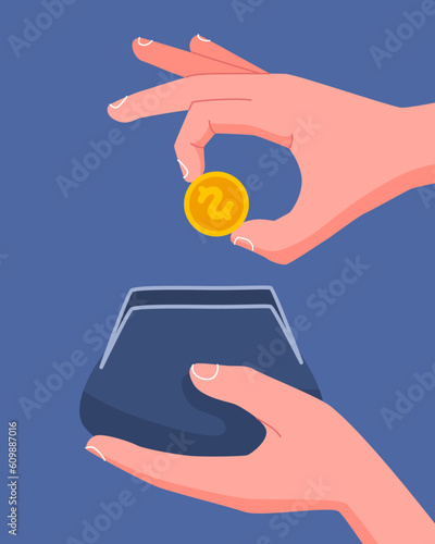 Hand puts a coin in a wallet. Savings concept. Outline cartoon style.