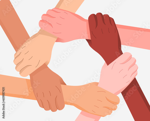 Multiracial human hands make circle. Cultural equity, diversity togetherness concept. Round symbol of unity, team, group, partnership, leading, support, community.