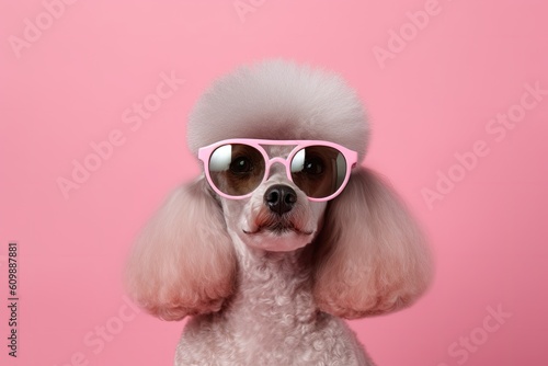 A fashionable poodle pet dog wearing sunglasses in the studio. Generative ai. © tong2530