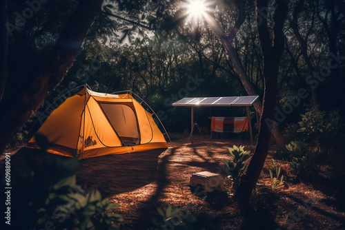 Image of a yellow camping tent in the woods with a lamp powered by solar energy at sunset.