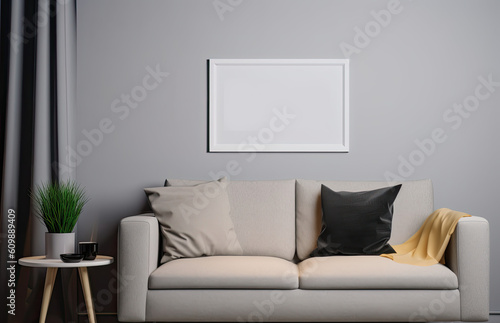 Square blank canvas on the white wall in the living room. Mockup of canvas in frame. Generated Ai © MarijaBazarova