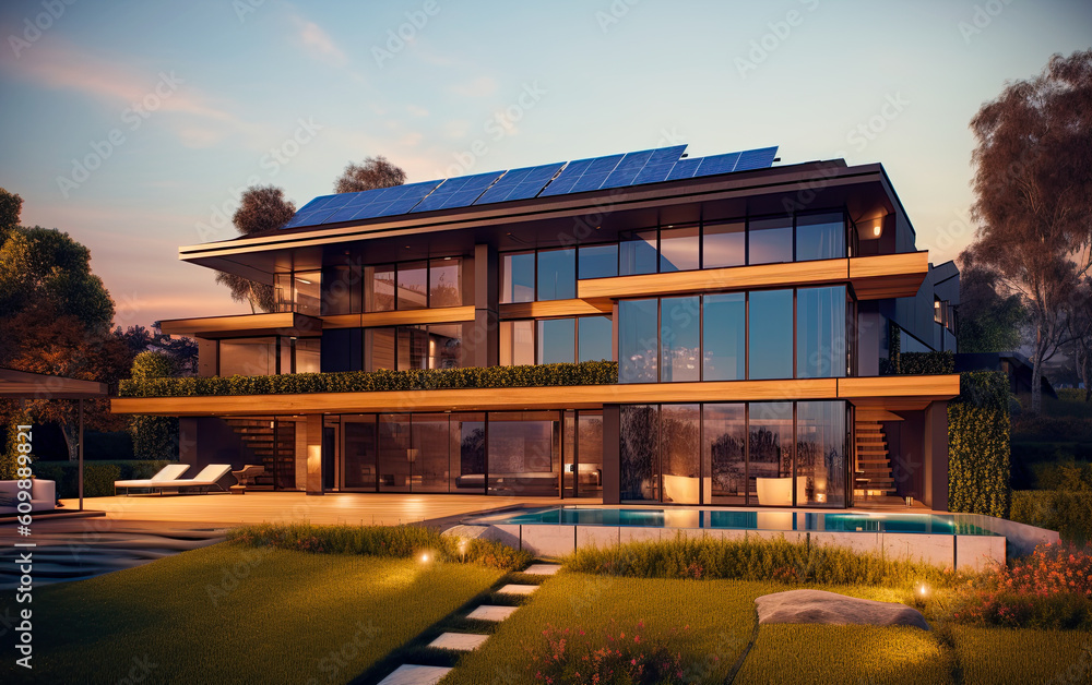 Modern luxury mansion with solar panels. Sustainable and renewable energy concept. Generative Ai Modern luxury mansion with solar panels. Sustainable and renewable energy concept. Generative Ai