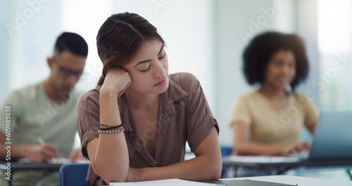Fotografía Sleeping, burnout and girl college student in a classroom bored, adhd or daydreaming during lecture