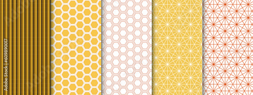 Set of minimal geometric seamless patterns, in bright warm yellow and red colors. Collection of backgrounds with abstract shapes of honeycomb, stripes, meshes and tangles
