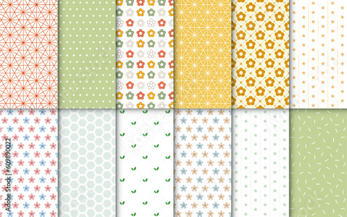 Set of minimal geometric seamless patterns, in different bright colors. Collection of backgrounds with abstract shapes of flowers, leaves, honeycomb, meshes, tangles, sprinkles, and polka dots
