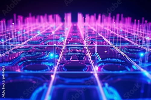 Wallpaper with futuristic neon lights, fiber optic internet connections, the concept of DATA communication transfer in a city light is fantastic. Generative AI.
