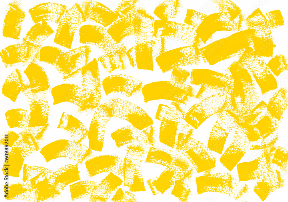 Yellow paint brushstrokes on textured horizontal white canvas. Abstract acrylic, gouache or tempera yellow paint texture. Artistic background with place for text.