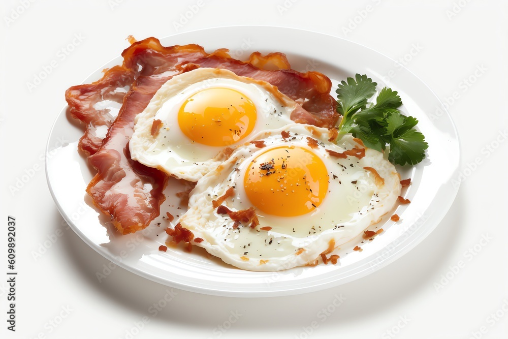 Fried eggs with bacon on white plate for healthy breakfast. Generative AI Fried eggs with bacon on white plate for healthy breakfast. Generative AI
