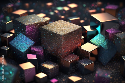 Background filled with shiny golden cubes. Glitter background. Generative AI
