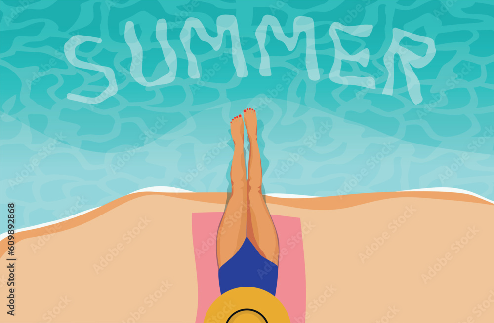 Summer beach scene with woman in hat. Summer vector background with beach illustration for banners, cards, flyers, social media wallpapers.