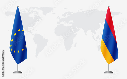 European Union and Armenia flags for official meeting