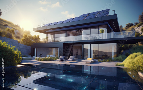  Modern luxury mansion with solar panels. Sustainable and renewable energy concept. Generative Ai © ArtmediaworX