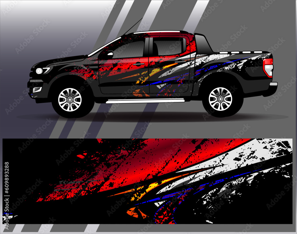 Fototapeta premium Car wrap design vector.Graphic abstract stripe racing background designs for vehicle, rally, race, adventure and car racing livery