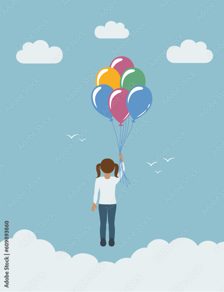 little girl flies with balloons in the sky childs dream little girl flies with balloons in the sky childs dream