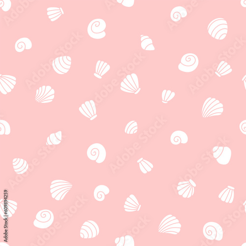 Seamless pattern with seashells on pink background. Flat vector illustration.