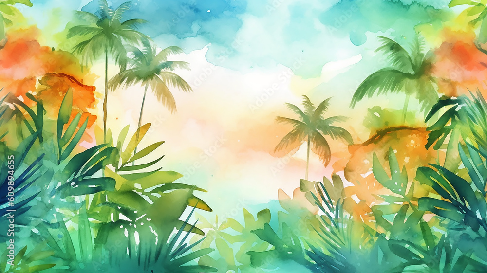 abstract summer watercolor background flowers landscape vacation. generative Ai