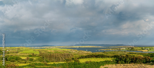 Panoramic view looking from Lowertown South toward Long Island side in summer on cloudy day. Ireland,west Cork.