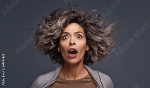 Studio portrait of shocked middle aged woman with gray hair, close up with gray color background, Generative AI