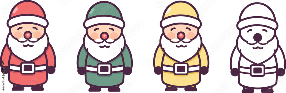 Christmas - Cute cartoon vector christmas santa claus set with different costumes, set of cute christmas santa claus vector illustration four different types with outline for stickers and tattoos
