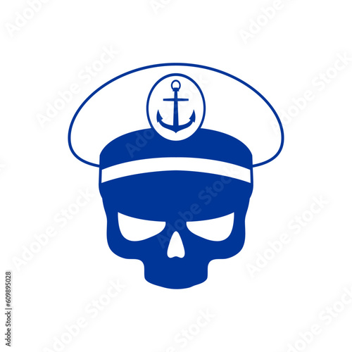 Logo nautical. Símbolo pirata con silueta de cráneo con sombrero de capitán de barco