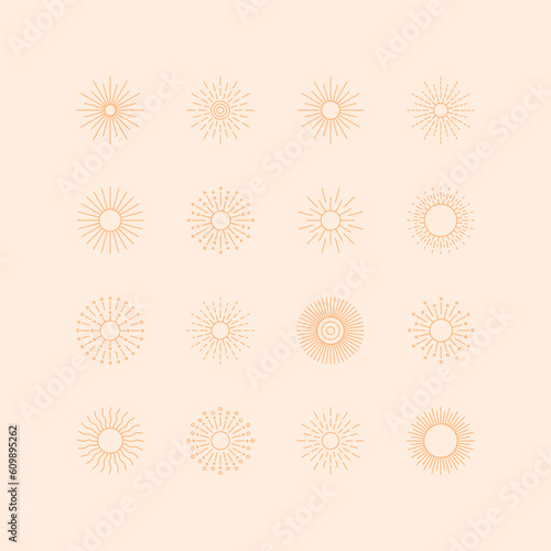 Set of linear sun icons. Collection of abstract design elements. Decorative symbols. Vector illustration. 