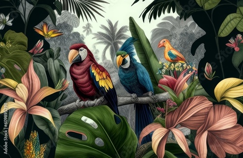 wallpaper jungle and tropical background, Generative ai