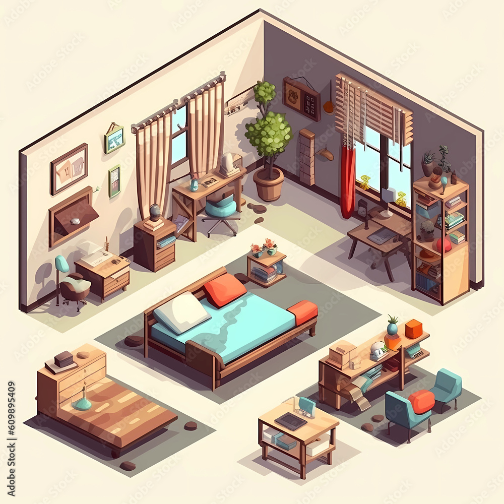 Stylish Living, Isometric Home Rooms on White Background Made with Generative Ai.