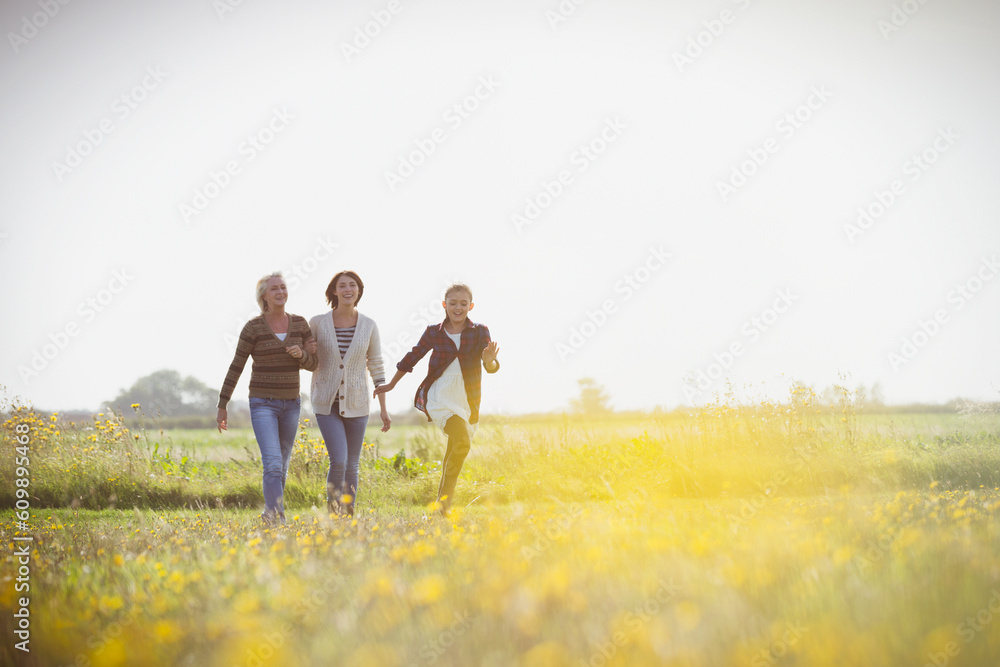 Multi-generation women walking in sunny meadow Multi-generation women walking in sunny meadow