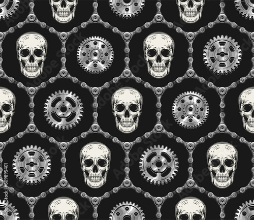 Geometric hexagonal pattern with human skulls, bike chains, gears, rivets. Monochrome background in steampunk vintage style. Good for mens apparel, clothing, fabric, textile, sport goods.