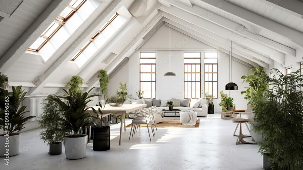 White loft interior in scandinavian style. Generative Ai