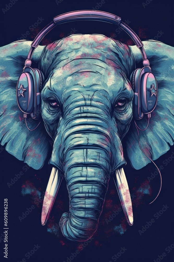 Obraz premium Illustration of a elephant wearing headphones and enjoying music. Generative ai.
