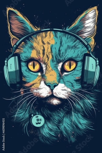 Illustration of a cat wearing headphones and enjoying music. Generative ai.  © BalanceFormAI