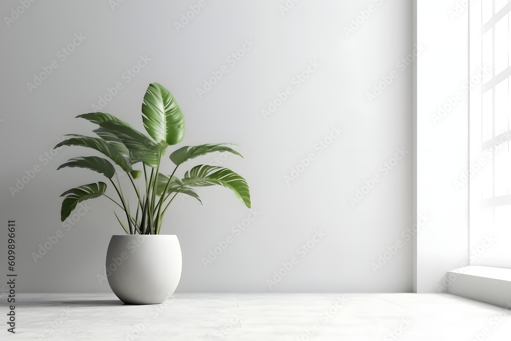 Plant, tree, vegetation in the white minimal clean room. Generative ai.