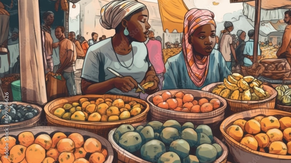 Illustration depicting people selling tropical fruits in a colorful market environment, showing a variety of colorful and juicy fruits. Generative Ai.