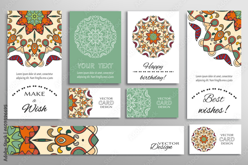 Big set of greeting Cards or wedding Invitations. Postcards template with inscription Make a Wish, Best Wishes, Happy Birthday. Banner, business cards with mandala ornament. Isolated design elements