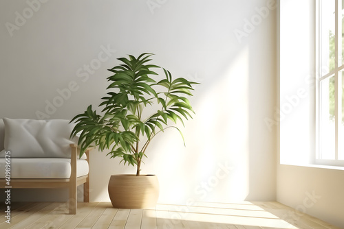 Plant, tree, vegetation in the white minimal clean room. Generative ai.