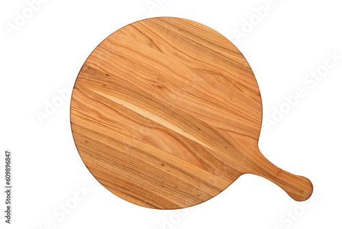 Round empty wooden charcuterie serving board with handle. The object is isolated on a white background. View from above. Top view. Template with copy space. Flat lay, mockup. Layout, frame.