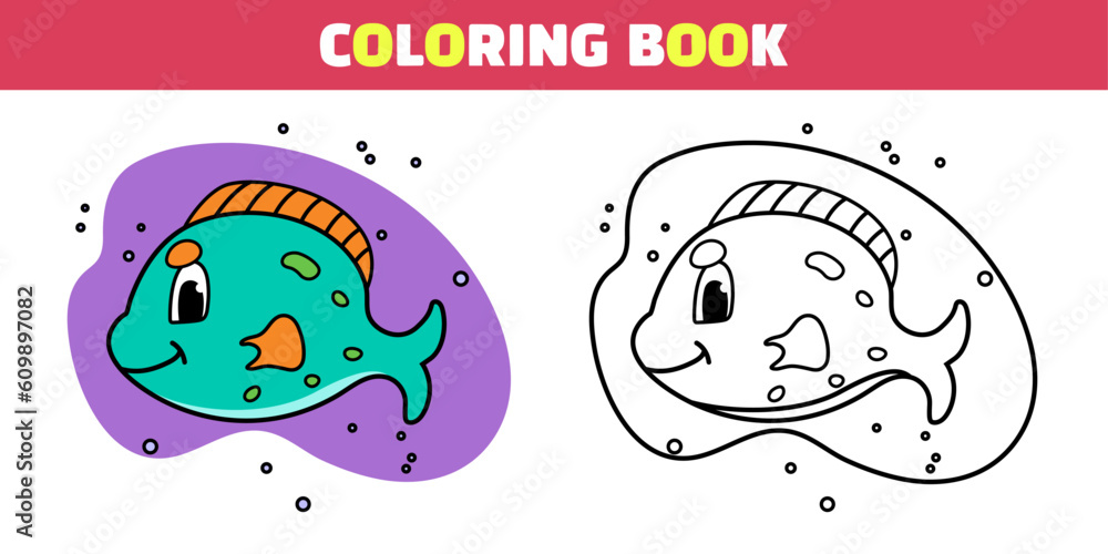 Coloring book with green fish in cartoon style. An example of a set of colors. Vector stock illustration. isolated. Doodle. Animal