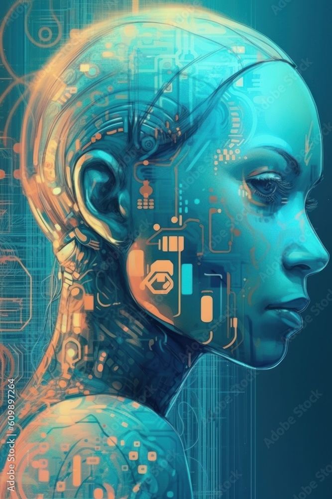 Obraz premium The abstract illustration features a robotic woman's face, combining futuristic elements with human-like features. Generative Ai.