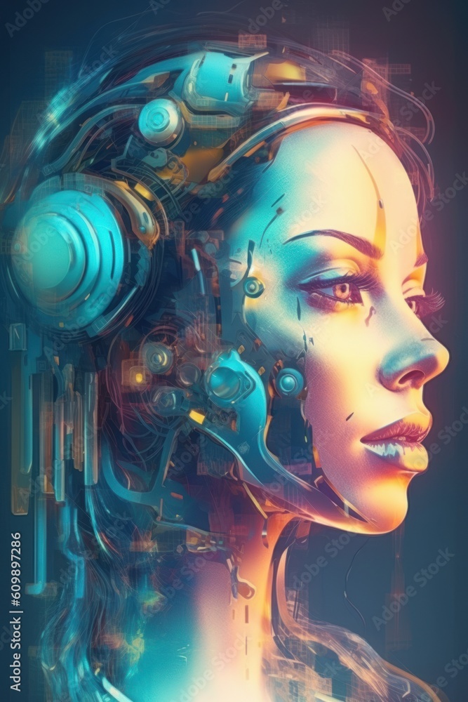 The abstract illustration features a robotic woman's face, combining futuristic elements with human-like features.
Generative Ai.