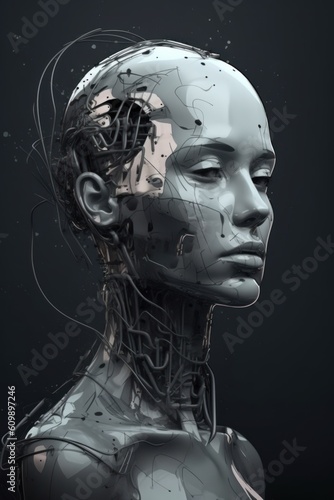 The abstract illustration features a robotic woman's face, combining futuristic elements with human-like features. Generative Ai.
