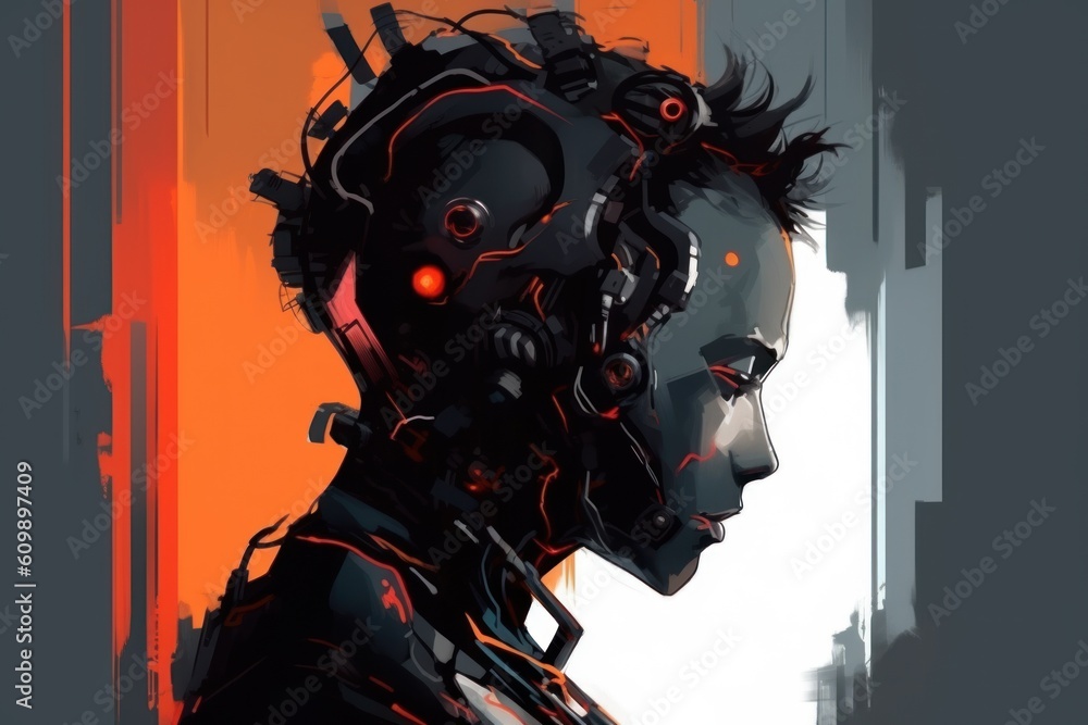 The abstract illustration features a robotic woman's face, combining futuristic elements with human-like features.
Generative Ai.