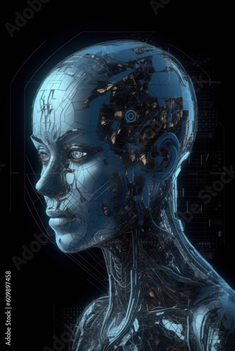 The abstract illustration features a robotic woman's face, combining futuristic elements with human-like features. Generative Ai.